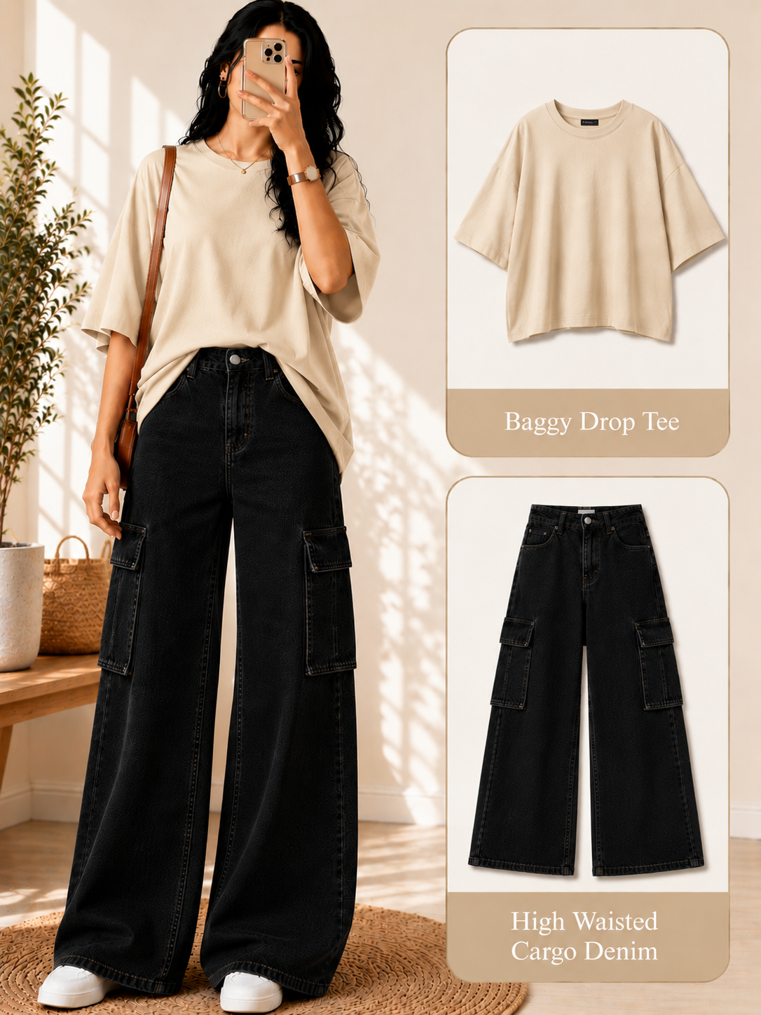 Beige Drop-Shoulder T-Shirt & Black Cargo Jeans