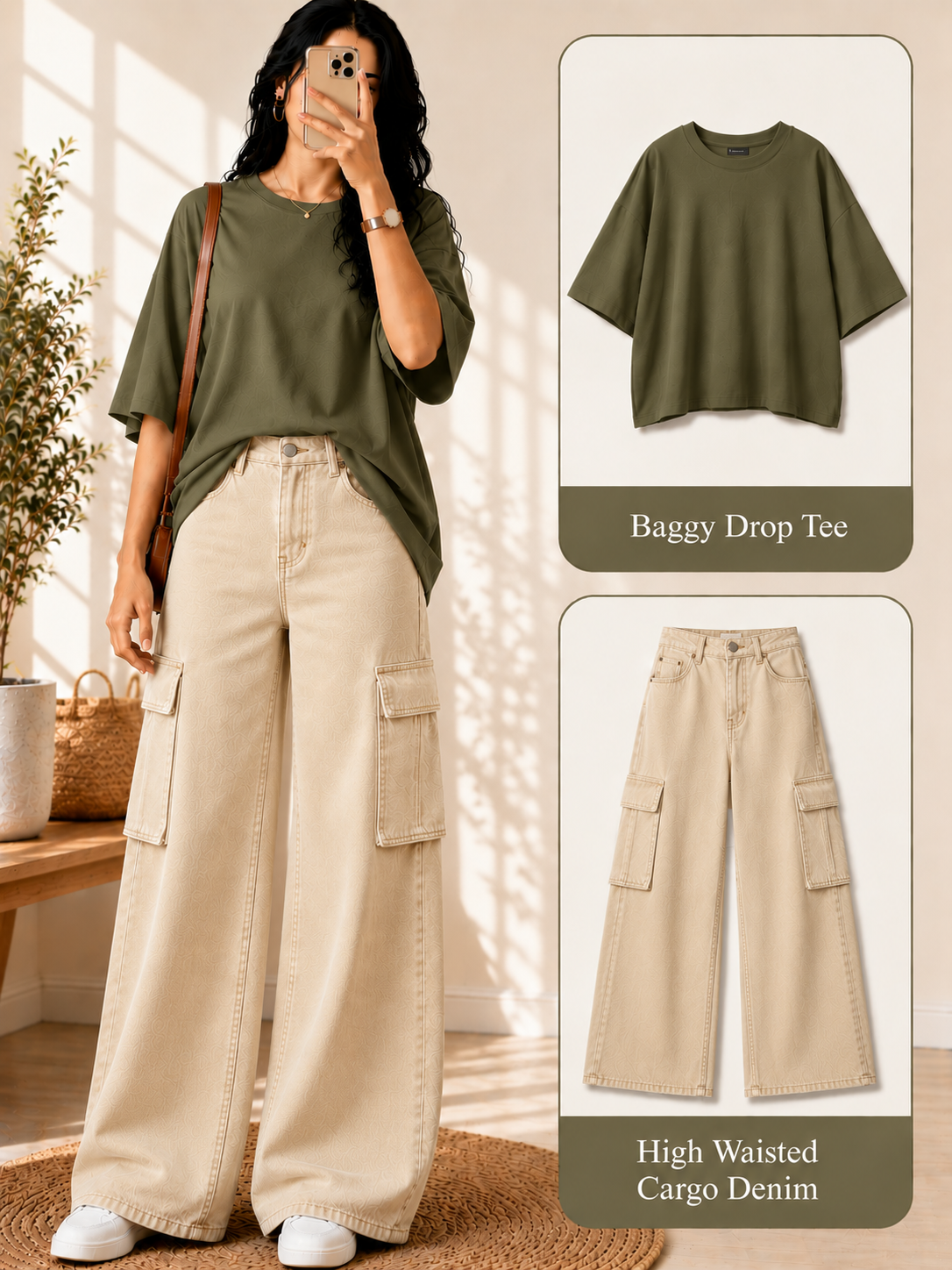 Olive-Green Drop-Shoulder T-Shirt & Beige Cargo Jeans