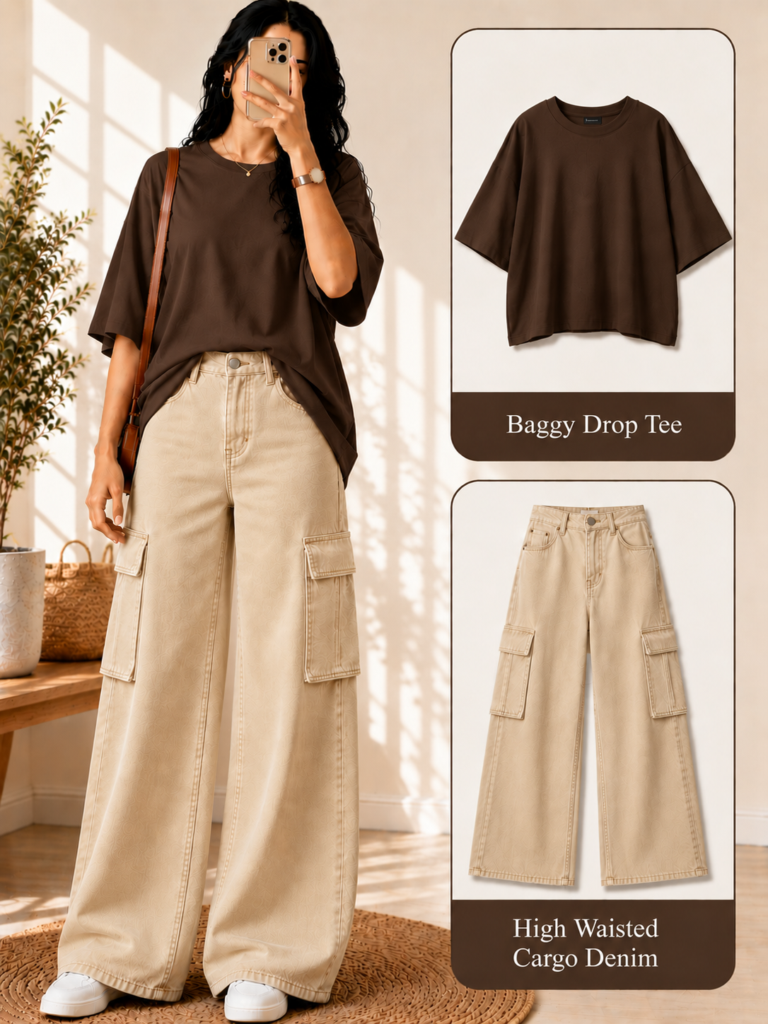 Brown Drop-Shoulder T-Shirt & Beige Cargo Jeans